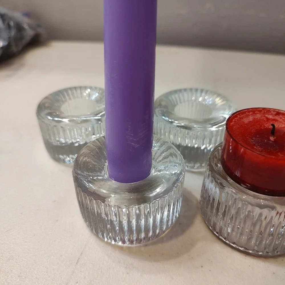 Reversible Pillar Taper Candle‎ Holder Set 4 Ribbed Clear Glass Elegant Holiday